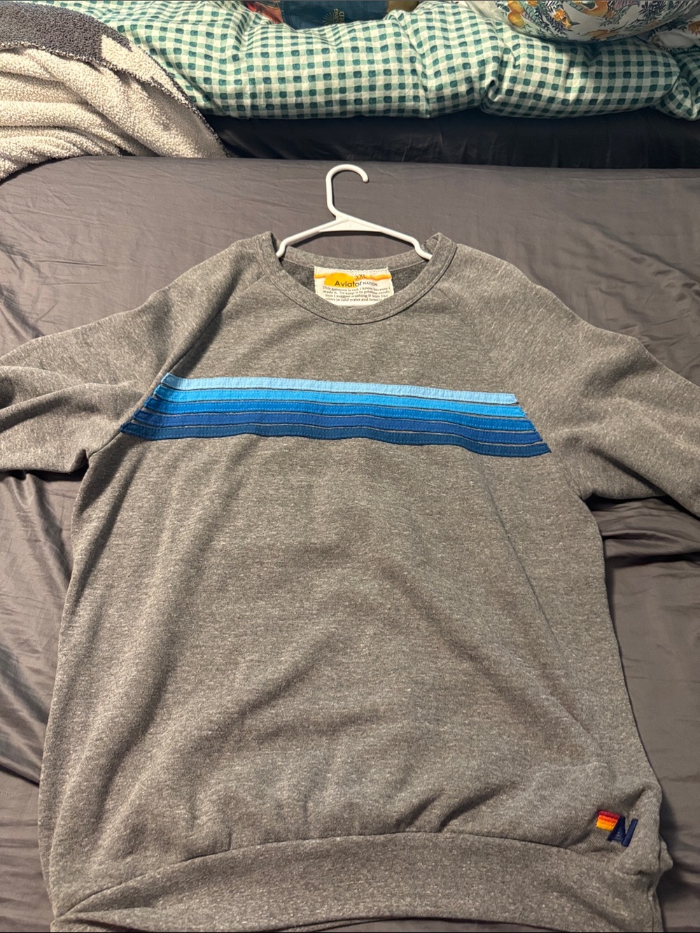 Aviator Nation Grey Crewneck Sweatshirt with Blue Stripe Accent